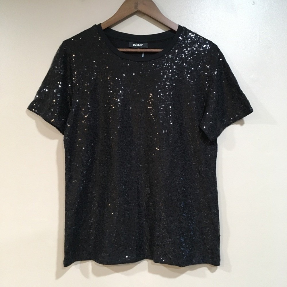 DKNY Sequin Short Sleeve T-Shirt Top Womens M Black Glam Party Sparkly Holiday